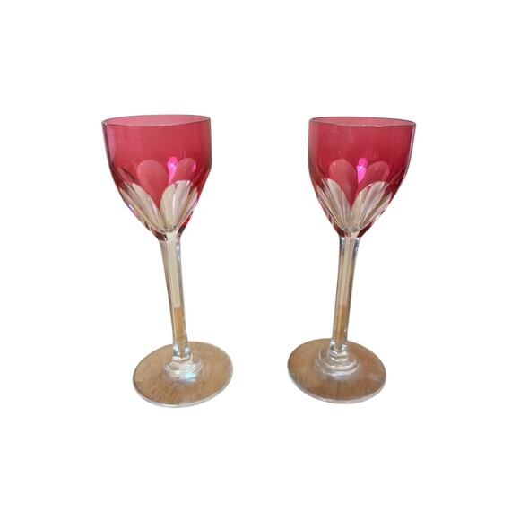 SET‎ 2 BACCARAT GENOVA CUT TO CLEAR CRANBERRY CRYSTAL CORDIAL SHOT GLASSES - Picture 1 of 5